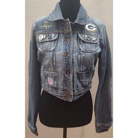 Green Bay Packers Juniors Large Cropped Denim Jacket Football Jean Jacket B18 - Picture 1 of 9